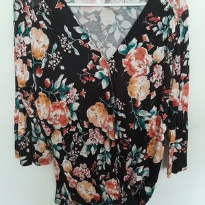 A&I Floral print black blouse size medium